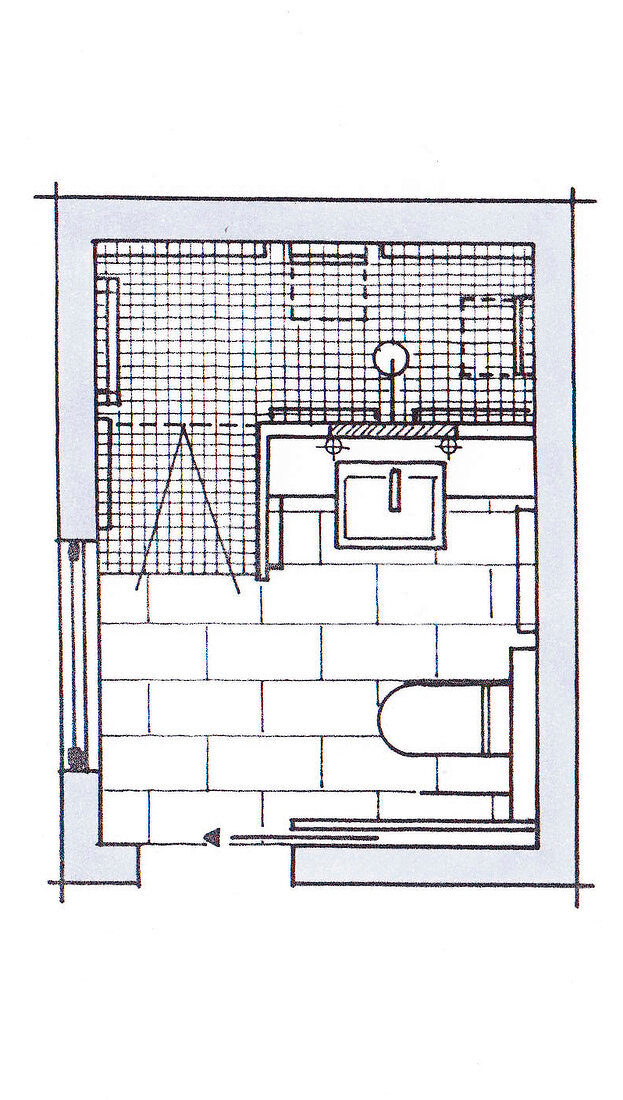Illustration, Grundriss Standardbad mit Waschtisch und großer Duschzone