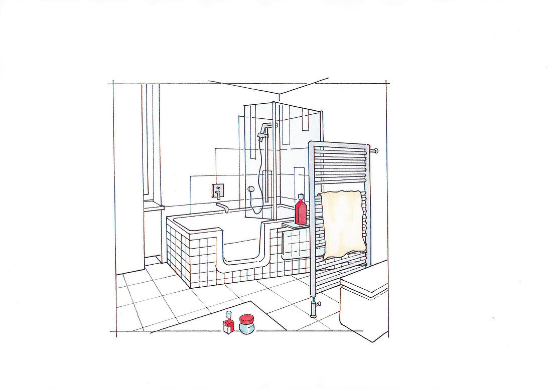 Illustration of bathroom with bathtub and shower combination