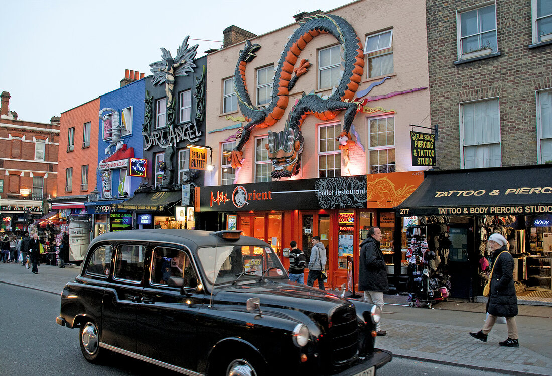 Black taxi cab on High Street, Camden Town, London, UK