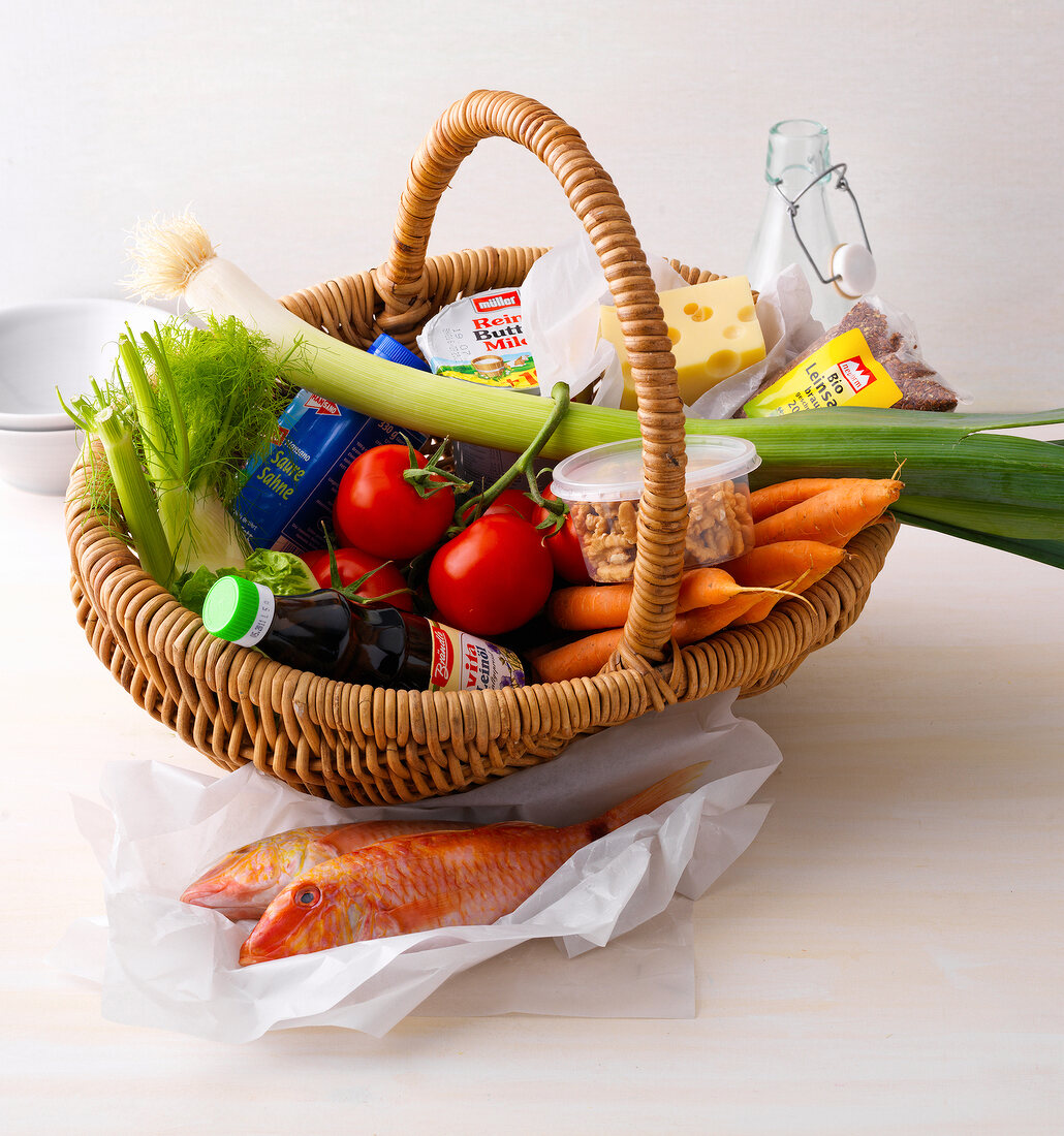 Various vegetables and food products in basket