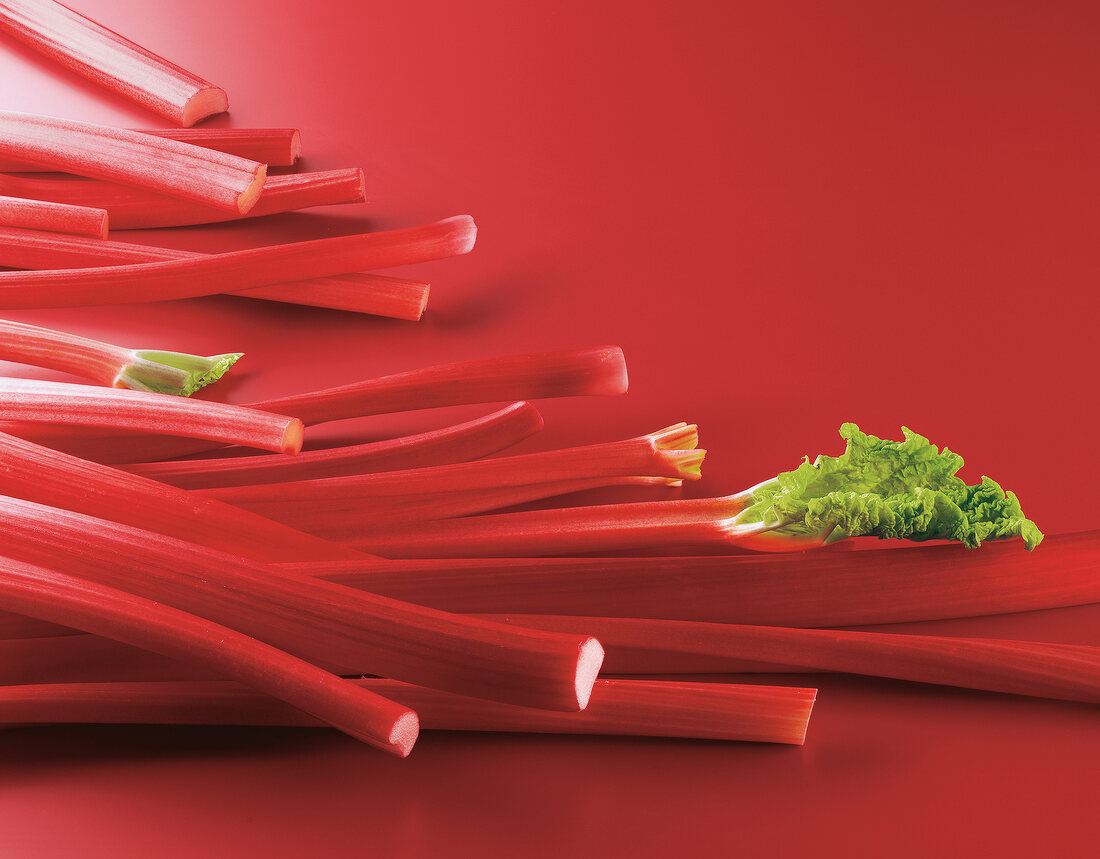 Close-up of rhubarb stalks on red background