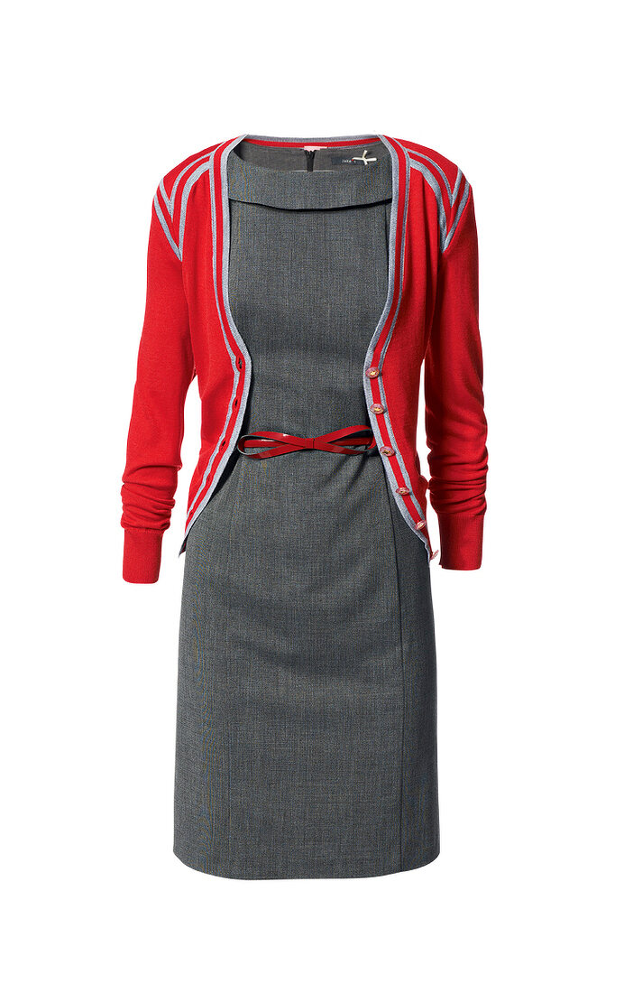 Kleid, Etuikleid, Cardigan, Seide, Merinwolle, Gürtel, rot