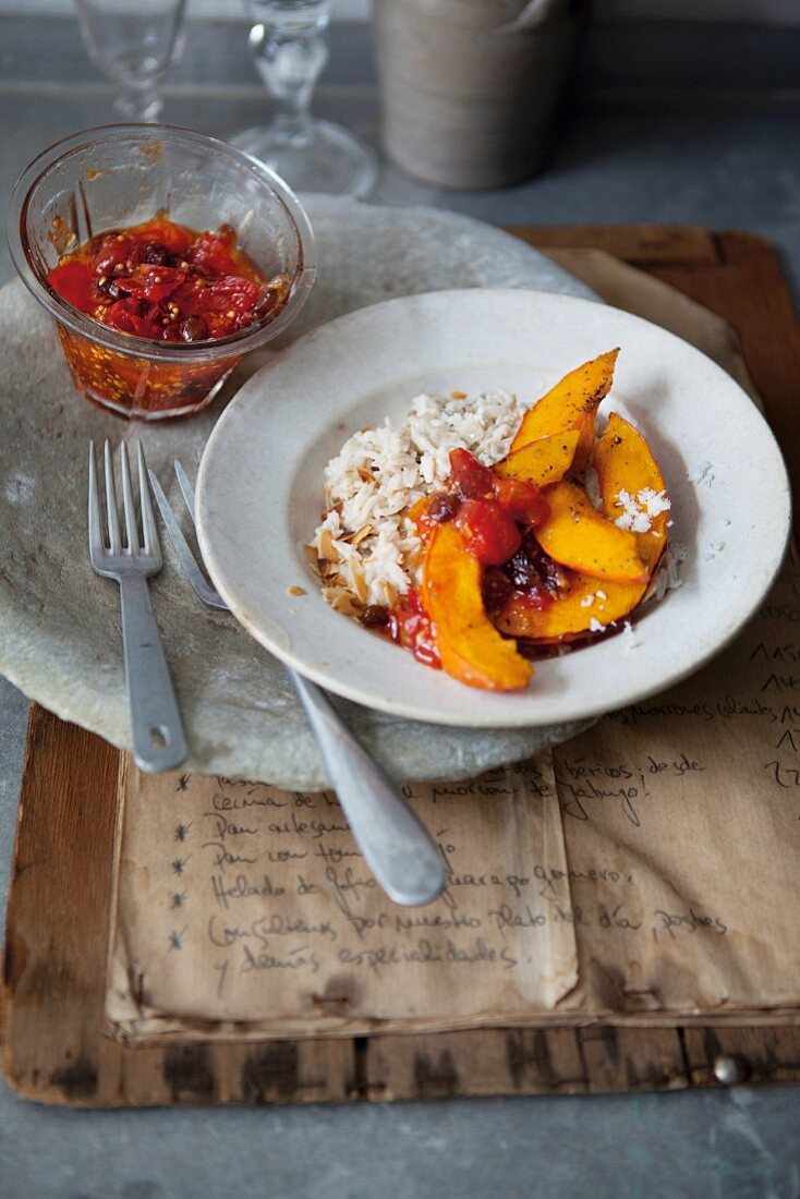 Coconut rice with pumpkin and tomato chutney