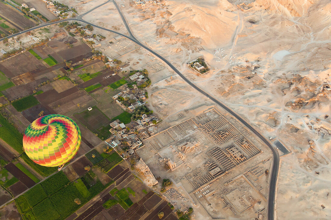 Aerial view hotair balloon over Ramesseum, Valley of Kings, West Thebes in Luxor, Egypt