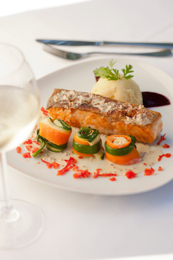Salmon with mashed potatoes on plate, Poland