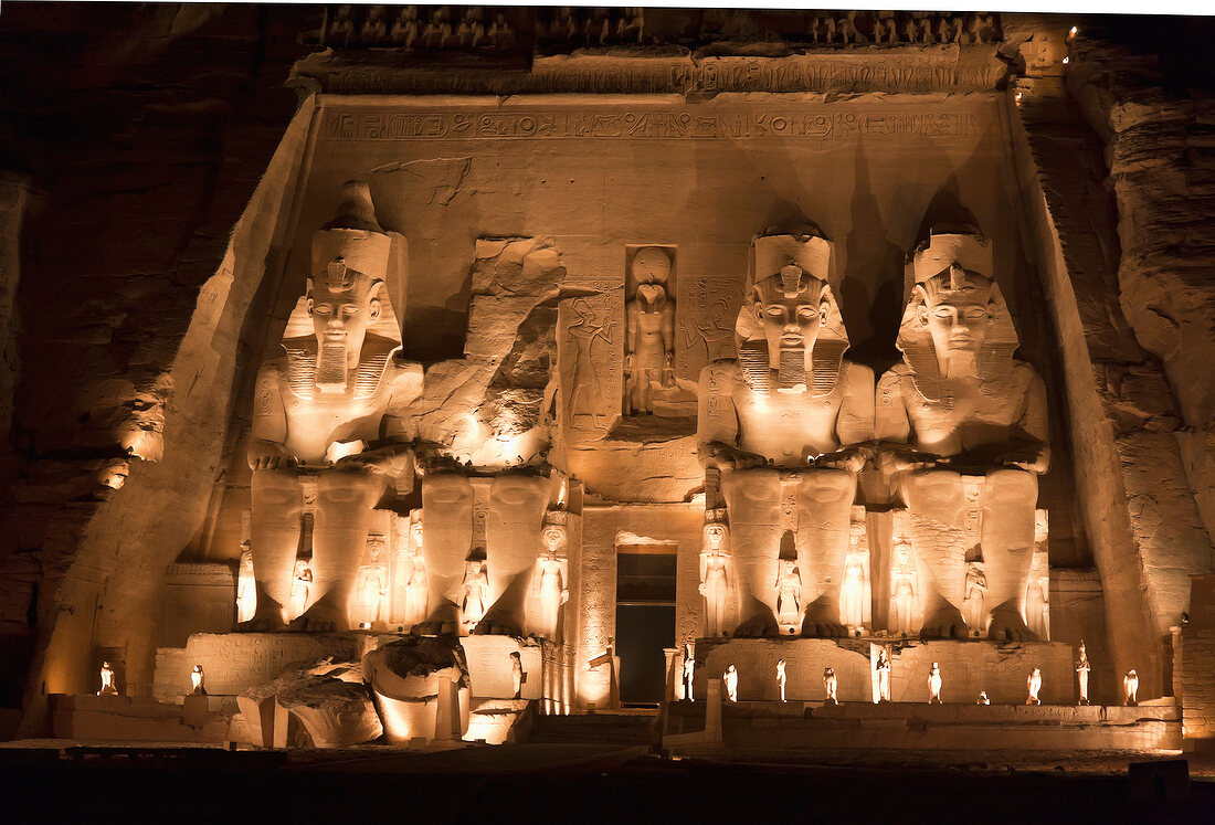 Facade of Abu Simbel Temple at night in Nubia, Egypt
