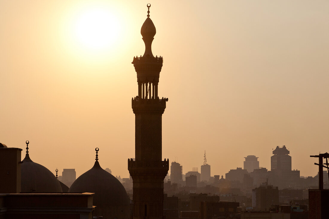 View of Al-Azhar mosque and Cairo Tower at sunset, Cairo, Aswan, Egypt