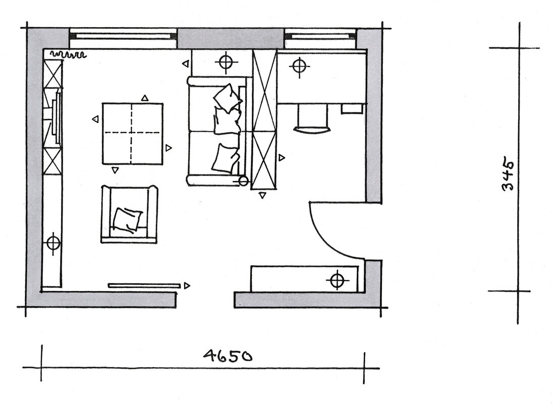 Illustration, Grundriss, Wohnzimmer mit Arbeitsplatz