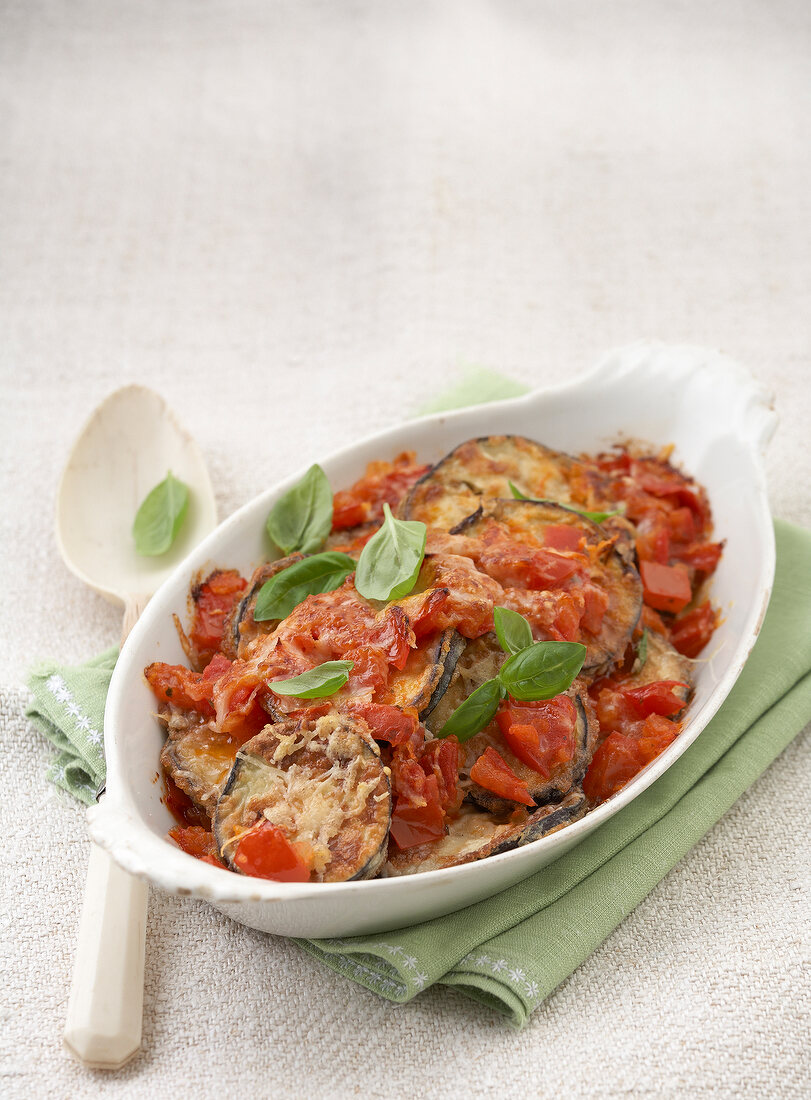 Eggplant lasagne in casserole dish