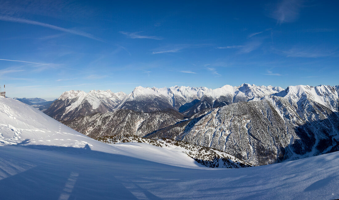 View of mountain range with snow in Leutaschtal, Tirol, Austria