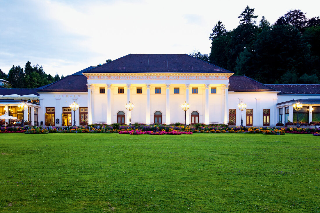 View of Kurhaus resort at dusk in Baden-Baden, Baden-Wurttemberg, Germany