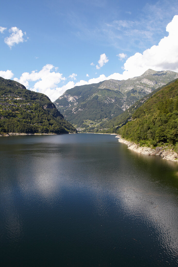 View of reservoir in the Valle Verzasca, Ticino, Switzerland