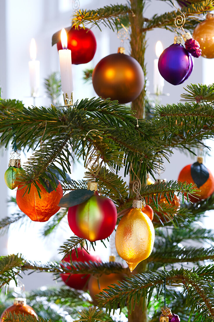Close-up of Christmas tree decorated with baubles, lit candles and fruits