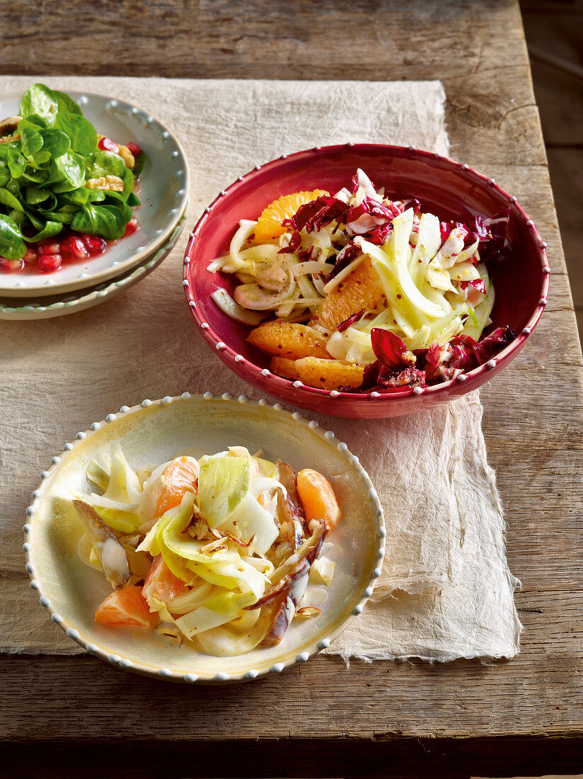 Three different salads in bowls for winter