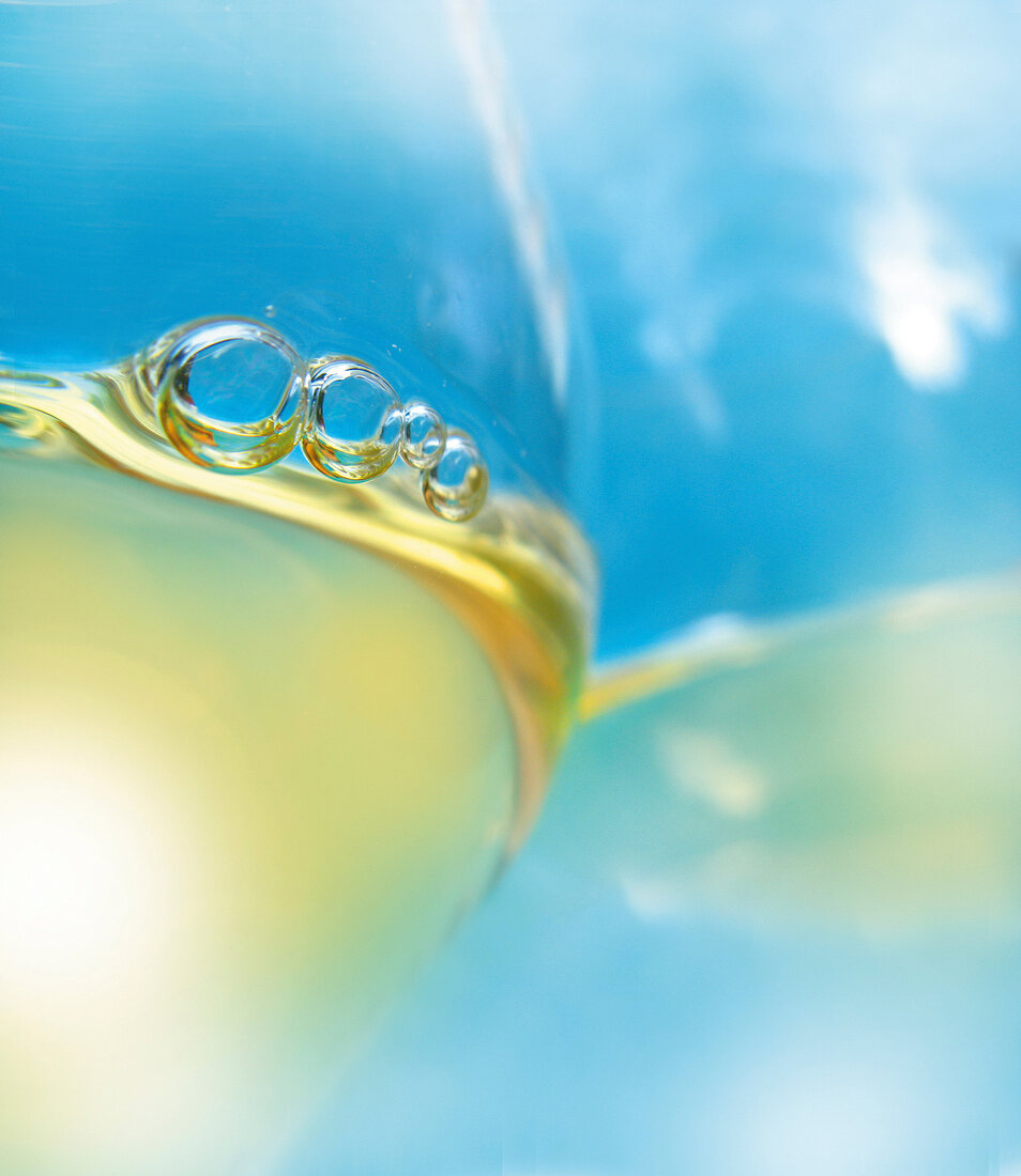 Weinglas mit Weißwein, blauer Hintergrund