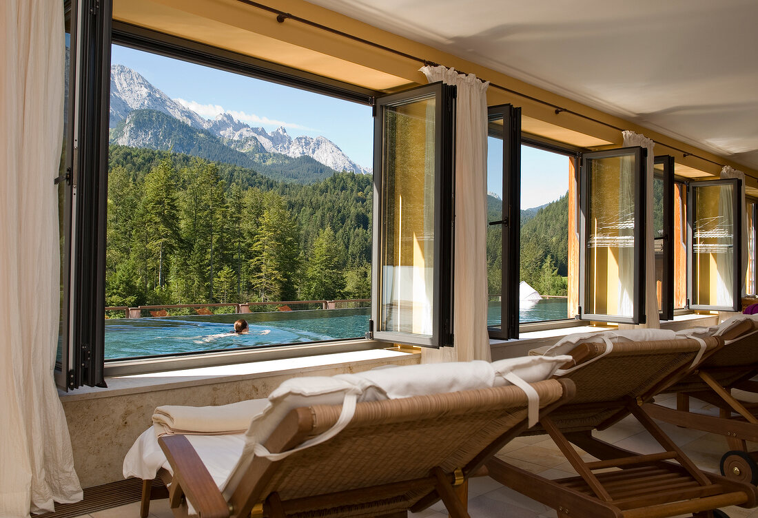 View of spa of Hotel Schloss Elmau overlooking mountains, Upper Bavaria, Germany
