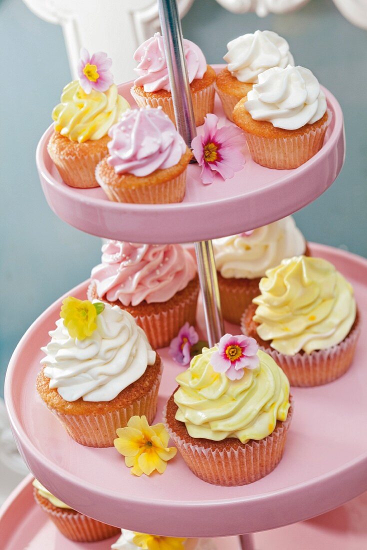 Frosted cupcakes on a cake stand