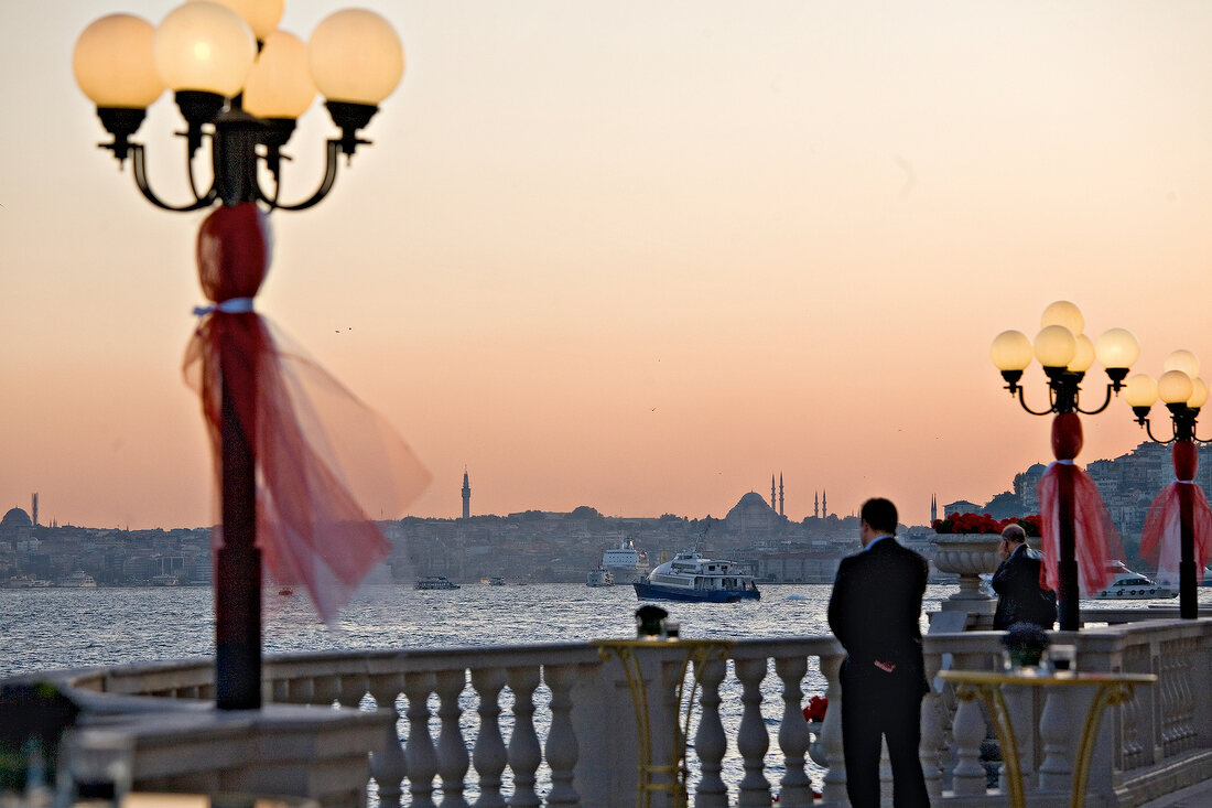 View of Bosporus and Ortakoy Mosque at sunset, Istanbul