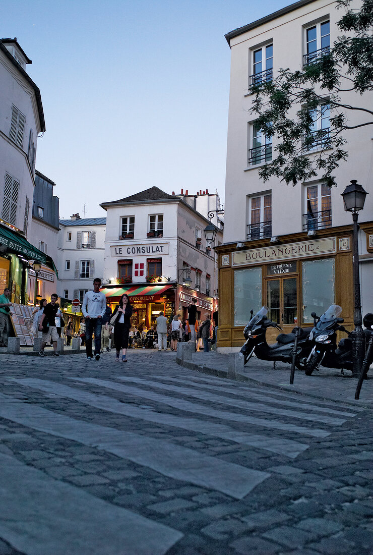 View of Montmartre Restaurant, Le Consulat and Boulangerie in Paris
