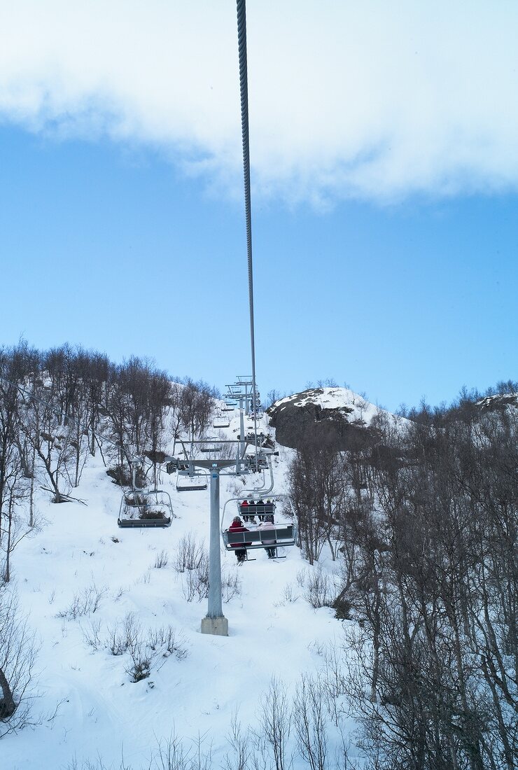 View of cable car through snow mountain at Hemsedal ski resort in Norway
