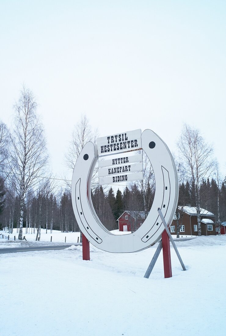 Signboard of oversized horseshoe in Trysil, Norway