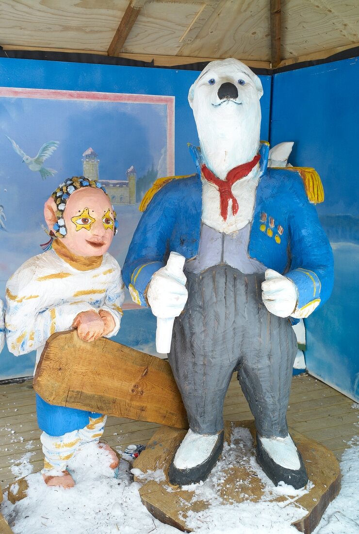 Statue of bear and boy in Children's paradise at Trysil ski resort, Norway