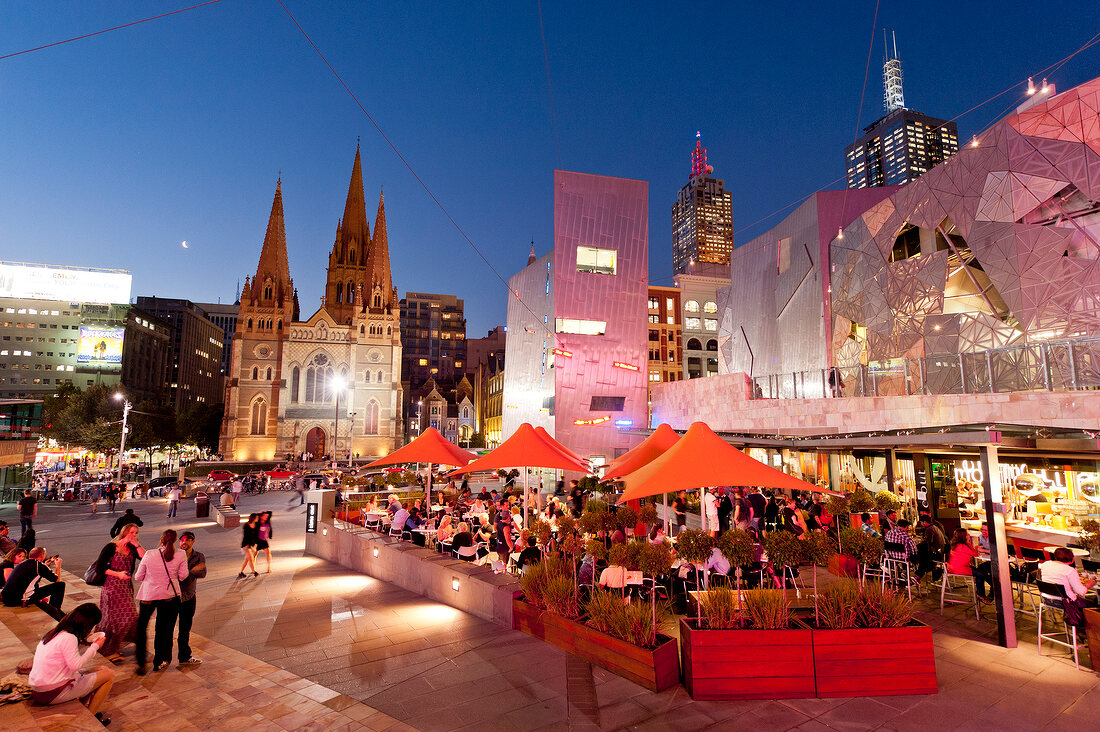 People at Federation Square, Flinders Street, Melbourne, Victoria, Australia