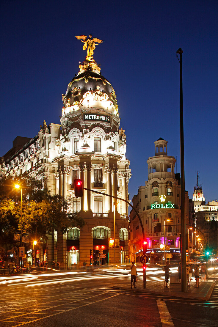 View of neoclassical houses at dusk, Madrid, Spain, long exposure