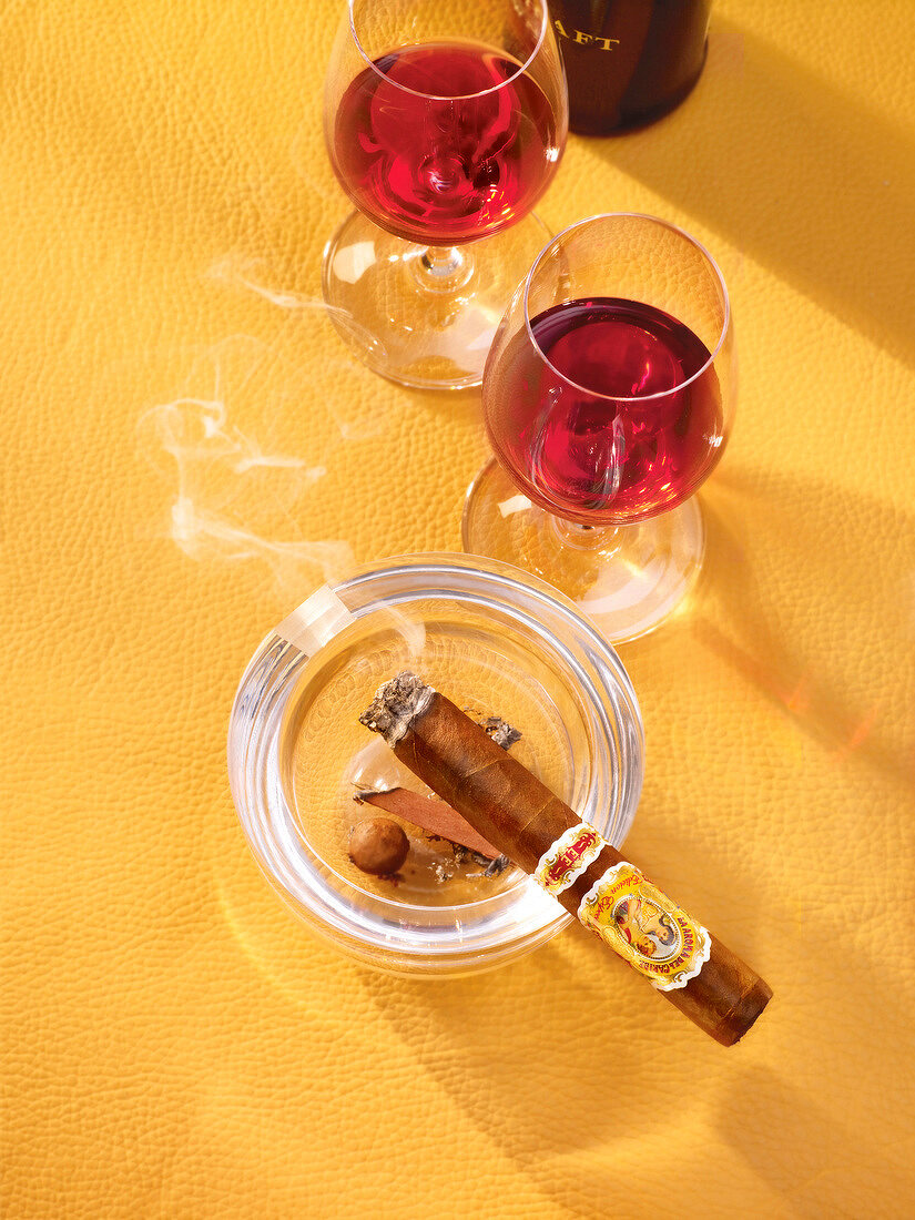 Aschenbecher mit Zigarre, Rauch, Cognac Gläser, Leder