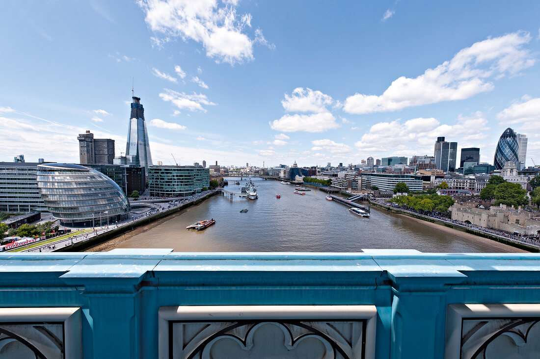 View of Thames river from Tower Bridge, City Hall, Southwark, London, UK