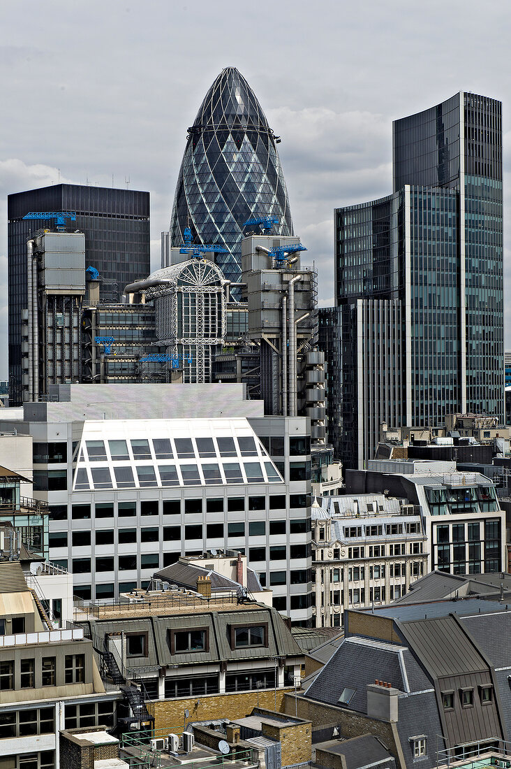 View of City of London with 30 St Mary Axe, Swiss Re Tower and The Gherkin, London, UK