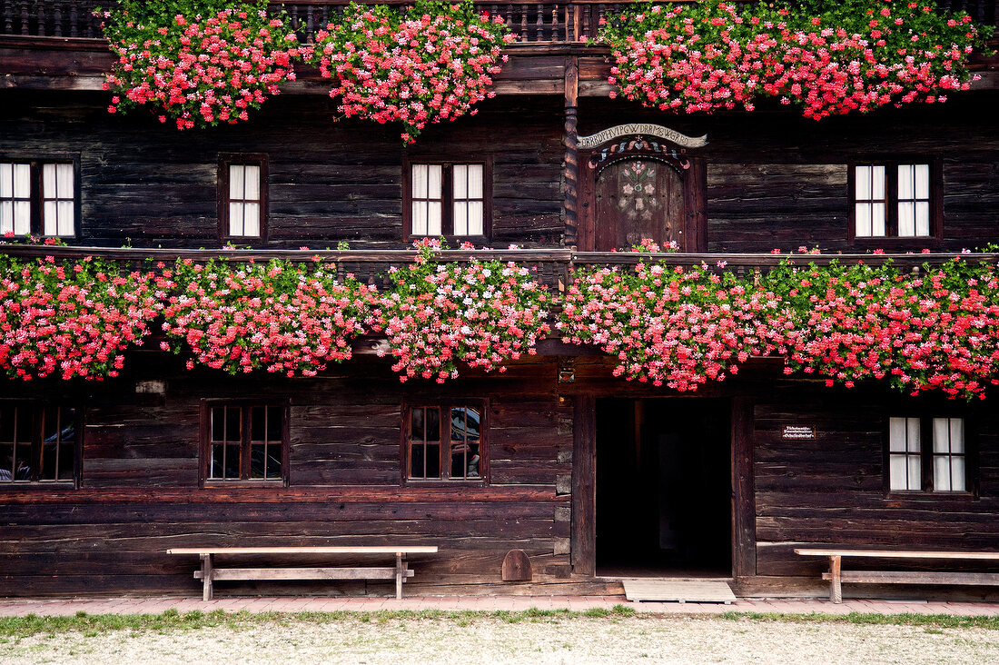 View of wooden house, decorated with flowers