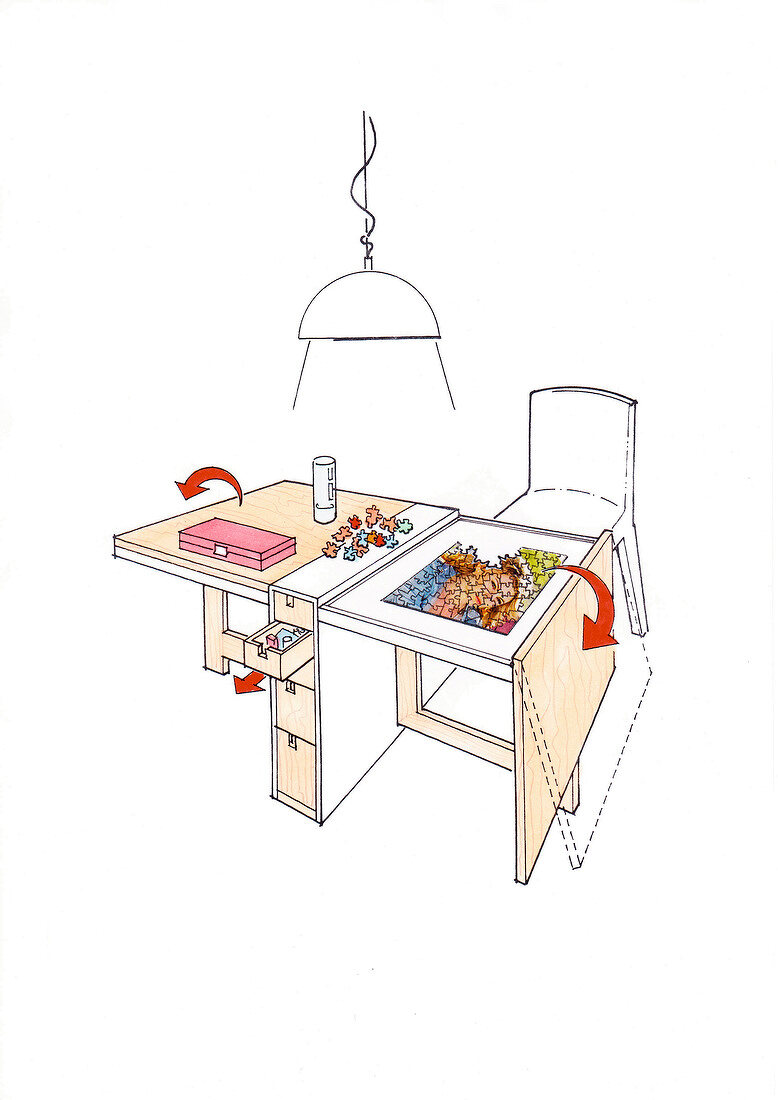 Illustration of table for puzzles, coins and stamps in hobby room