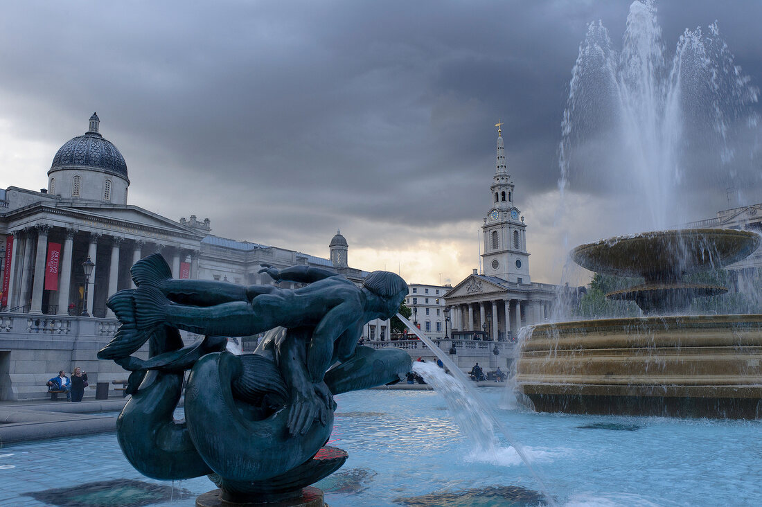 View of National Gallery at Trafalgar Square and St Martin-in-the-Fields, London, UK