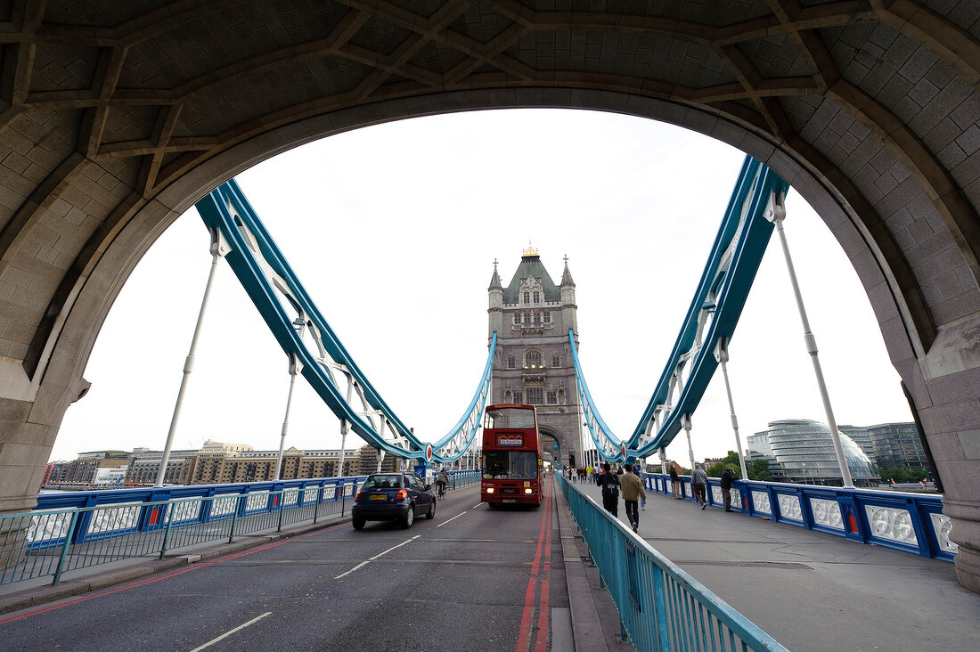 Vehicles and people walking on tower Bridge at Southwark, London, UK