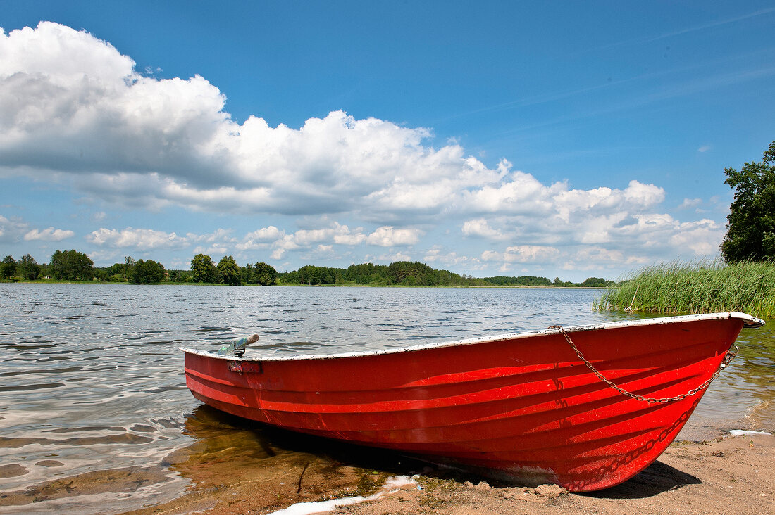 Boat moored in Masurian Lake District, Mikolajki, Warmia Masuria, Poland