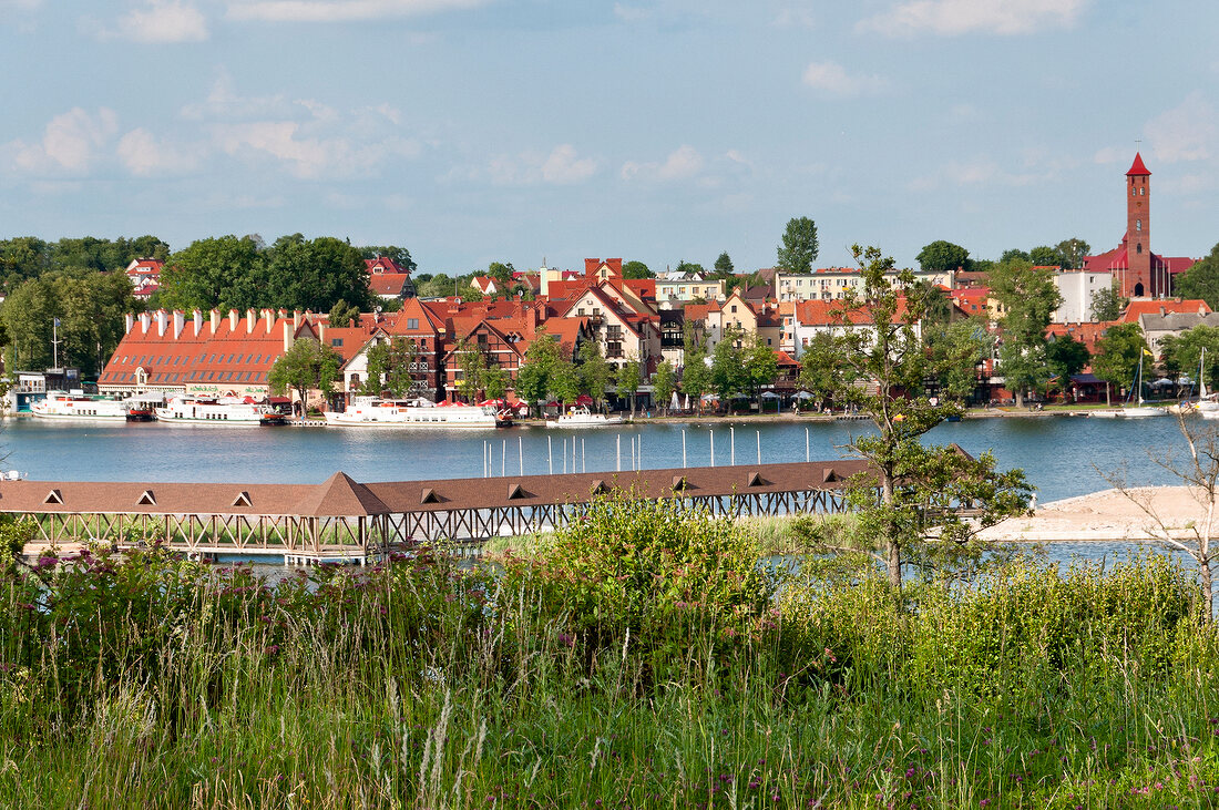 View of town with city in Warmia-Masuria, Mikolajki, Poland