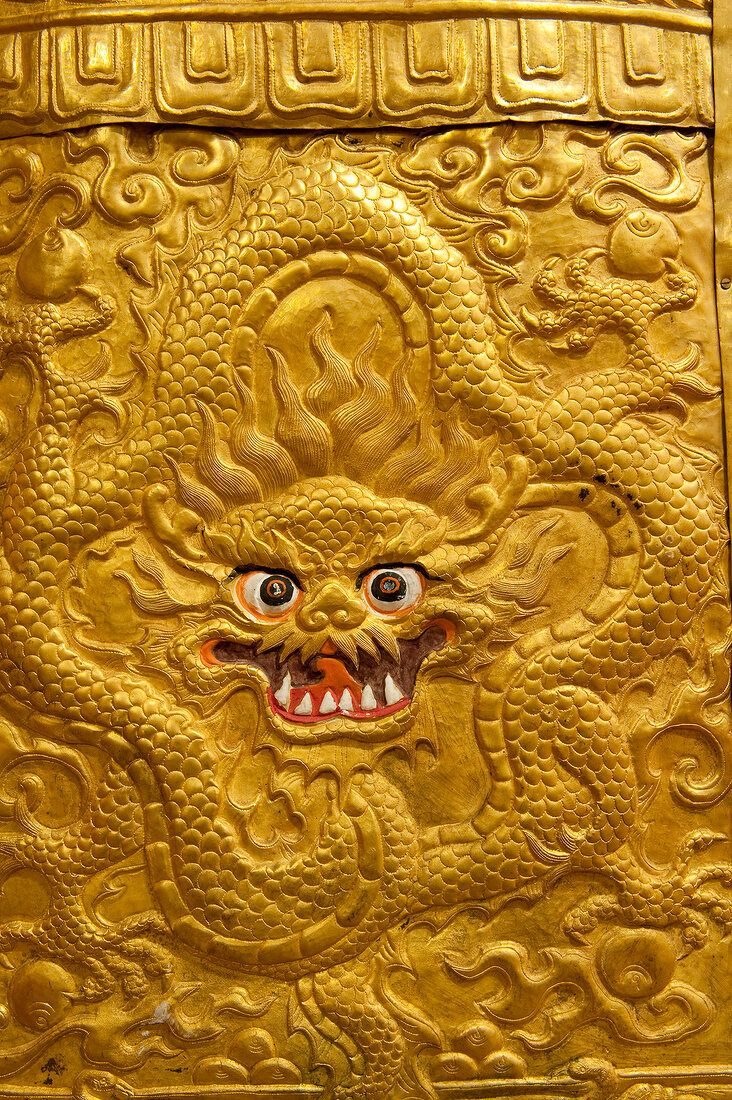 Close-up of monster carved on column at Punakha Dzong, Bhutan