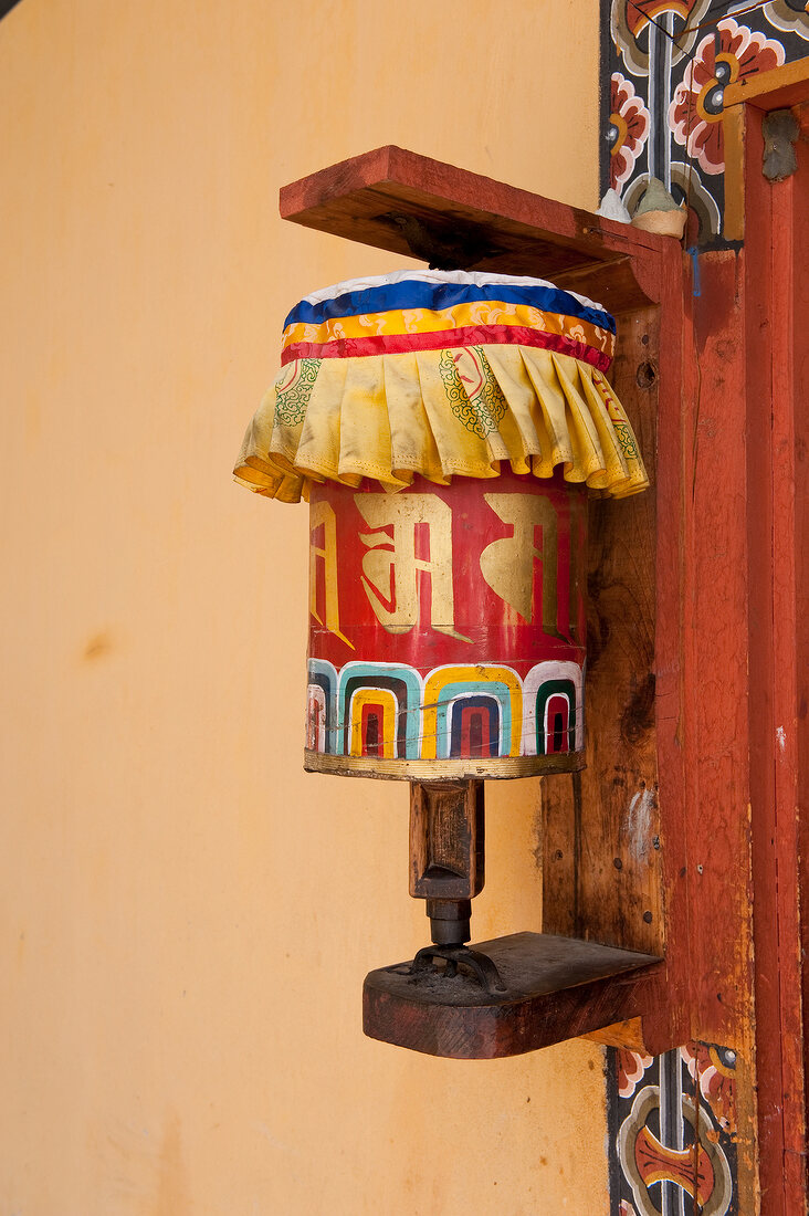 Close-up of prayer wheel in Bumthang, Bhutan