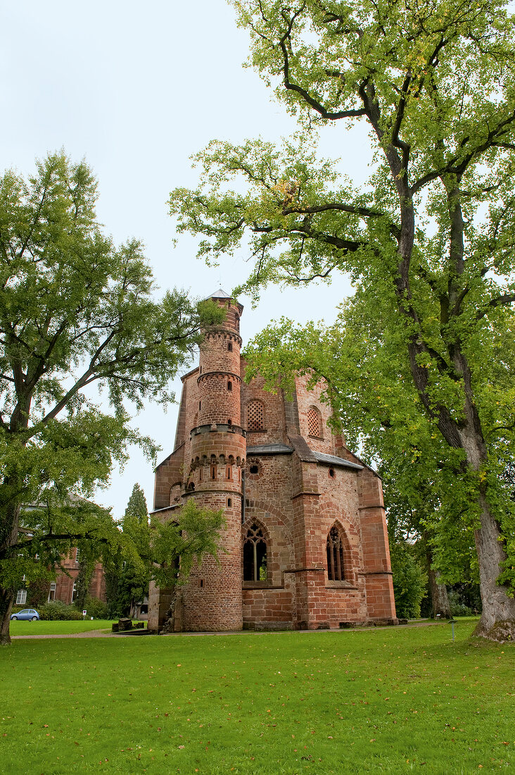View of historic old tower of abbey at Mettlach, Saarland, Germany