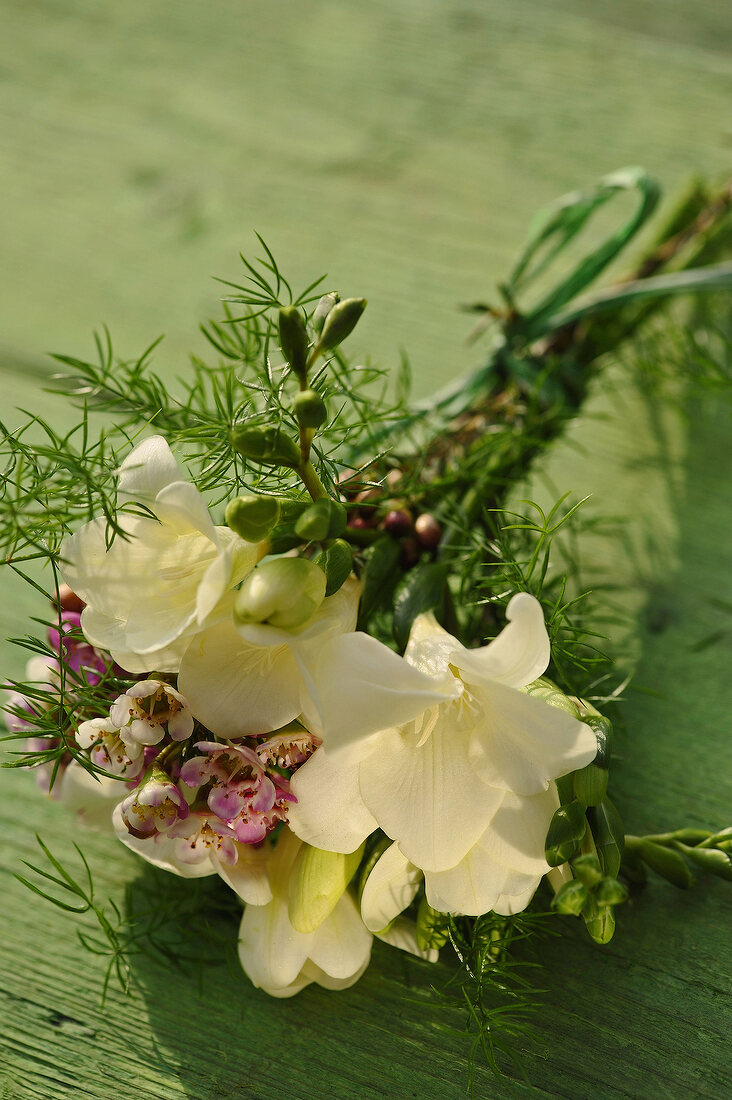 weiße Freesien und violette Blüten zu einem Strauß gebunden