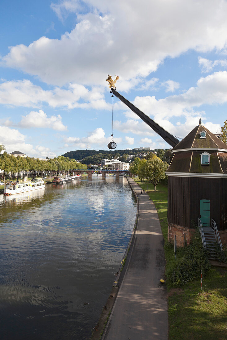 View of port crane in Saar, Saarbrucken, Saarland, Germany