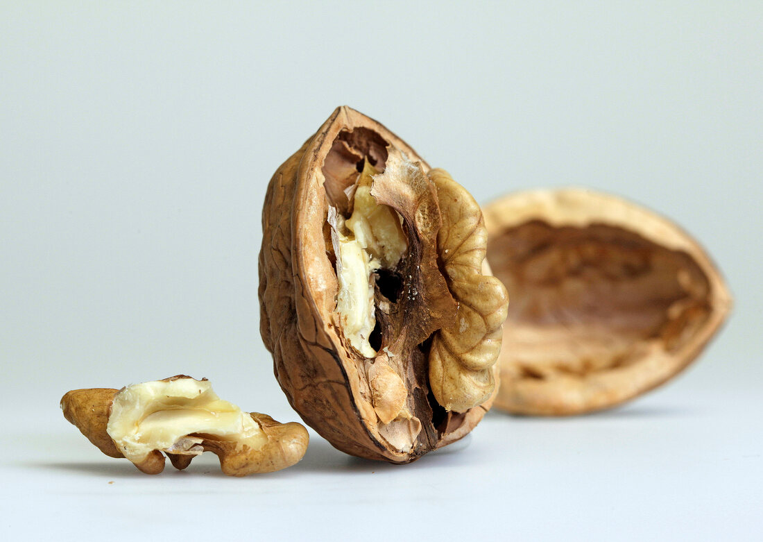 Close-up of walnut in broken shell on white background