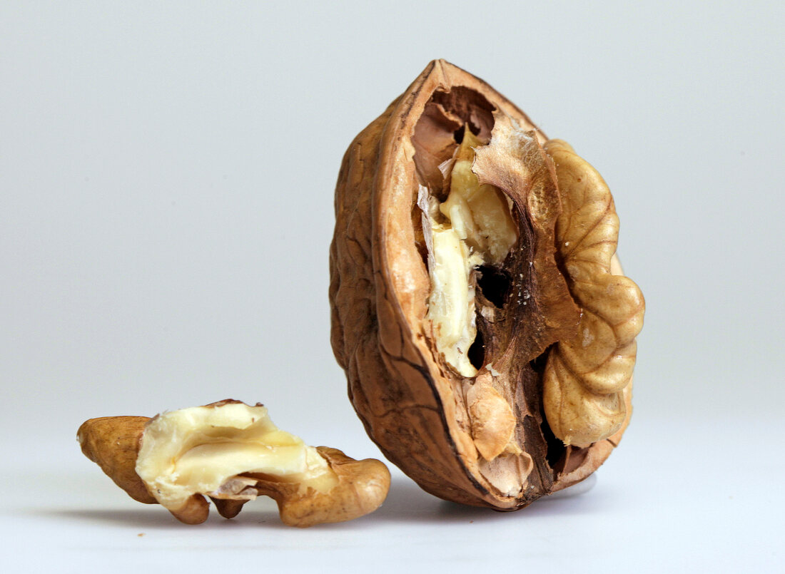 Close-up of walnut in broken shell on white background
