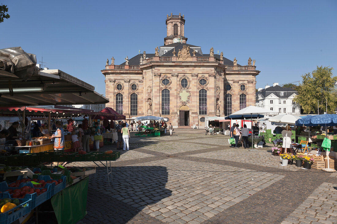 View of market with Ludwig church at Ludwigplatz, Saarbrucken, Saarland Germany