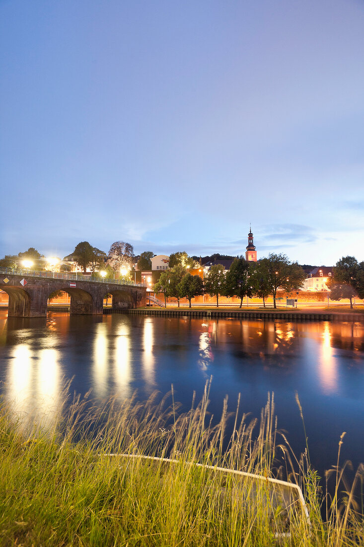 View of old bridge and Berliner Promenade at Saarbrucken, Saarland, Germany