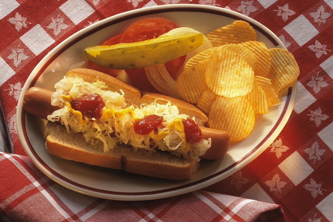 Hot Dog mit Kraut; Sauce & Kartoffelchips