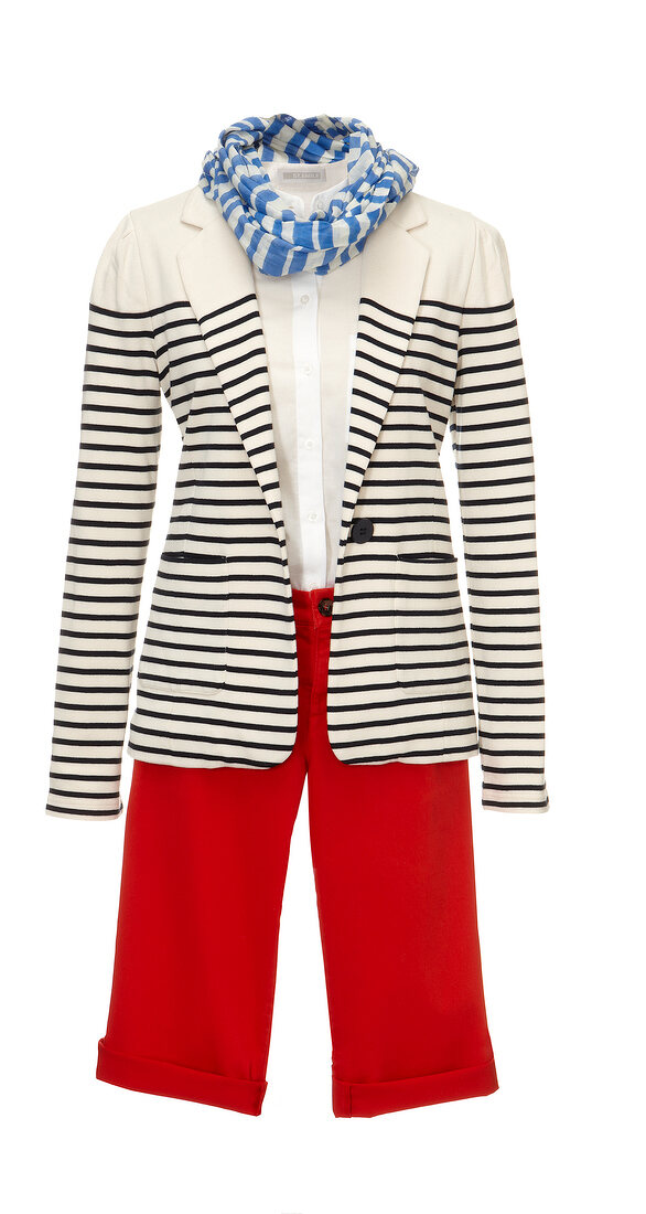 Black-white striped jersey blazer with red bermuda on white background