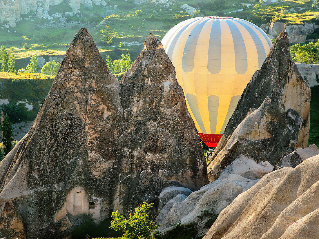 Hot air balloon in Zemi Valley, Cappadocia, Anatolia, Turkey