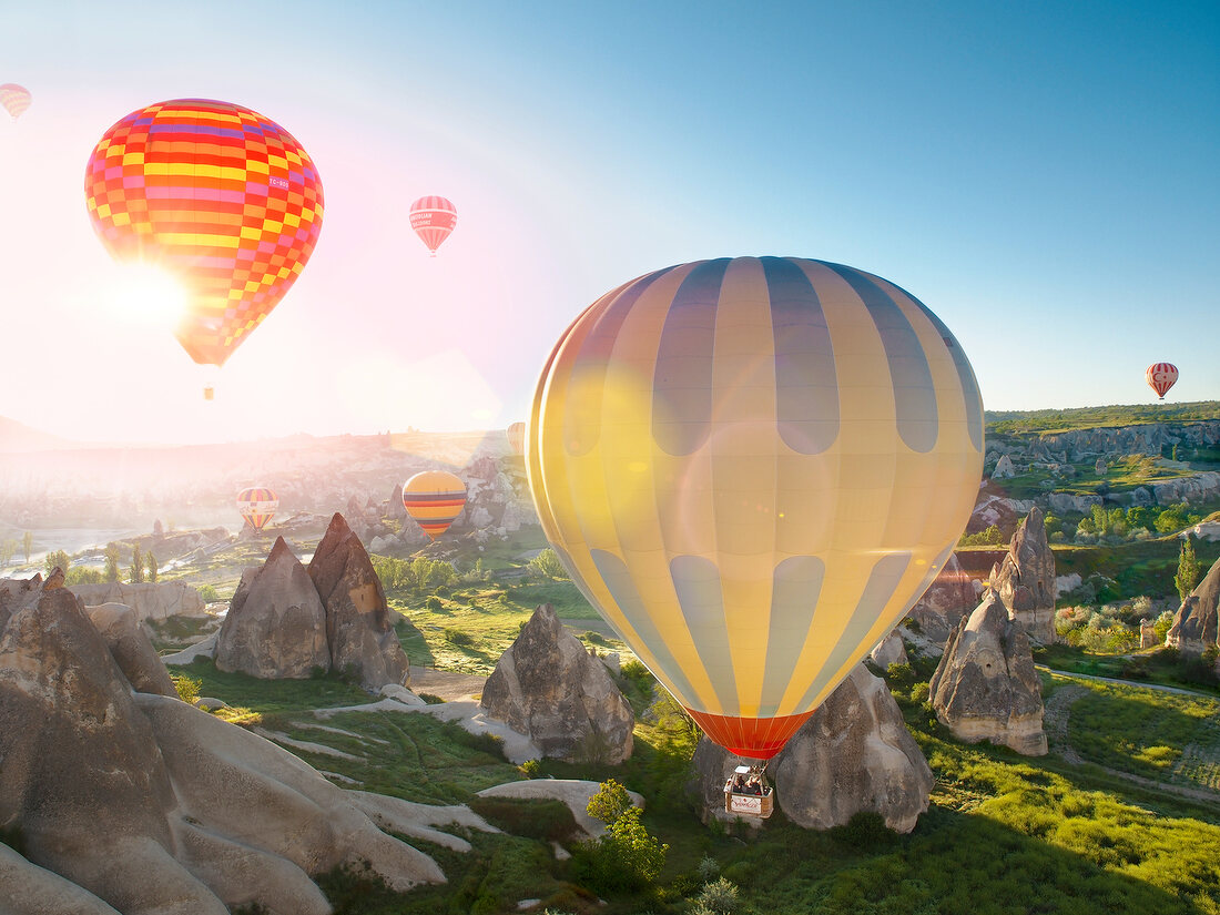 Hot air balloons in Zemi Valley, Cappadocia, Anatolia, Turkey